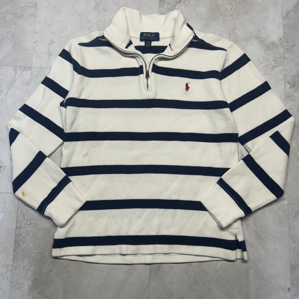 Polo Ralph Lauren Quarter Zip Pullover Navy White Striped Kids Large 14-16 Pony